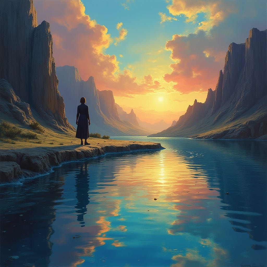 Surreal Reflection: Figure Gazes into Distorted Pool