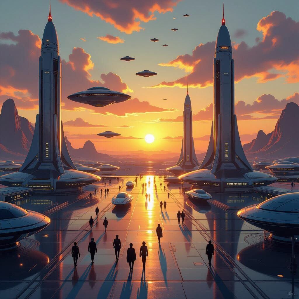 Retro-Futuristic Spaceport at Dawn With Art Deco Terminals