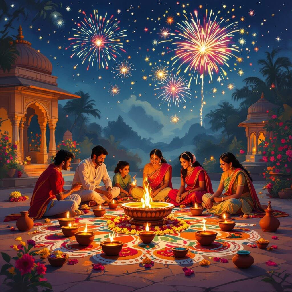 Vibrant Deepavali Festival Celebration with Diyas and Firewo...
