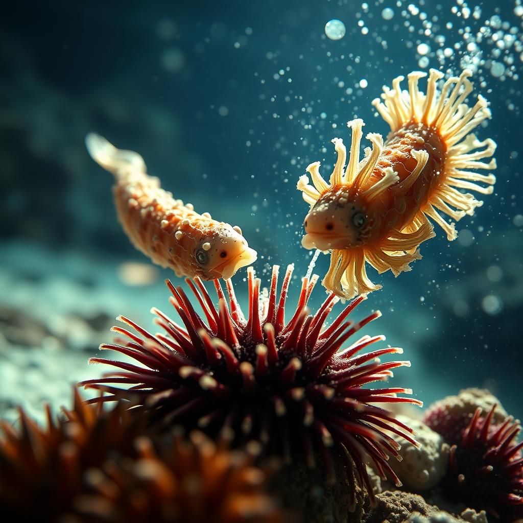 Hyperrealistic Sea Cucumber vs Sea Urchin Underwater Fight