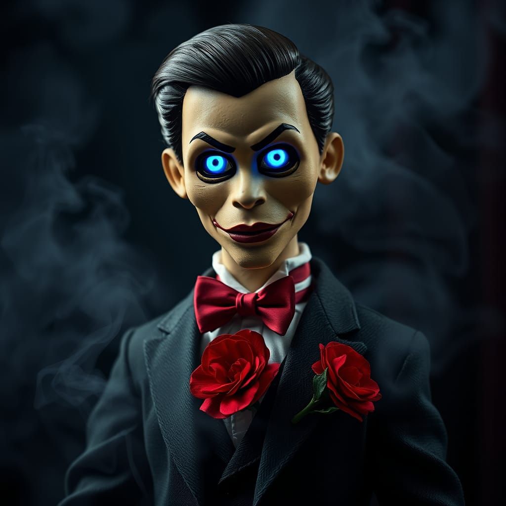 Eerie Ventriloquist Dummy with Glowing Eyes