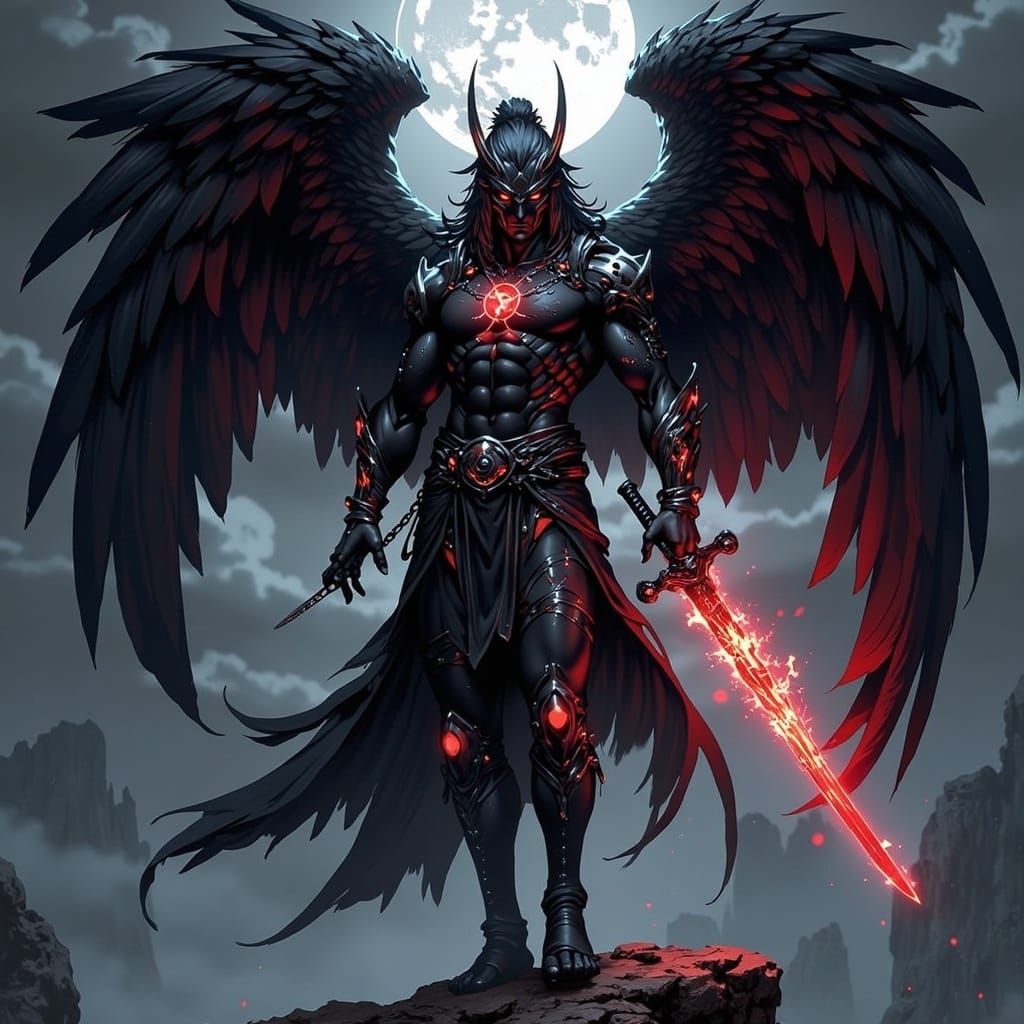 Cyberpunk Oni Dark Knight with Red Katana