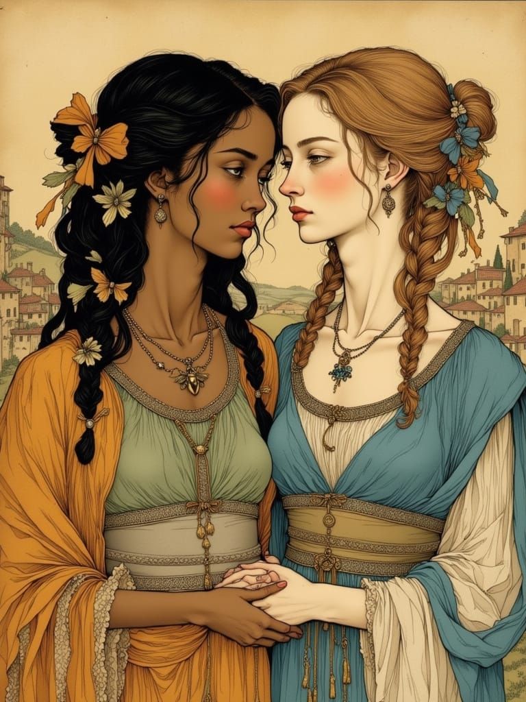 Classical Women in Italian Landscape, Arthur Rackham Style