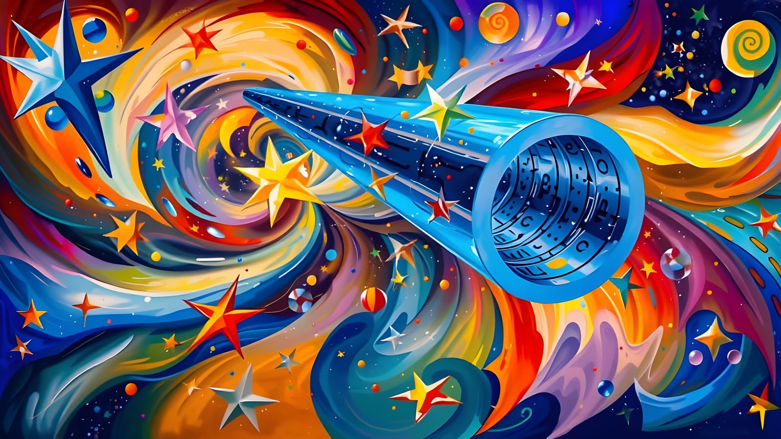 Abstract Metallic Cylinder Reflecting a Colorful Starry Cosm...