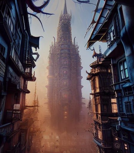 Ominous Floating City in Studio Ghibli Horror Style