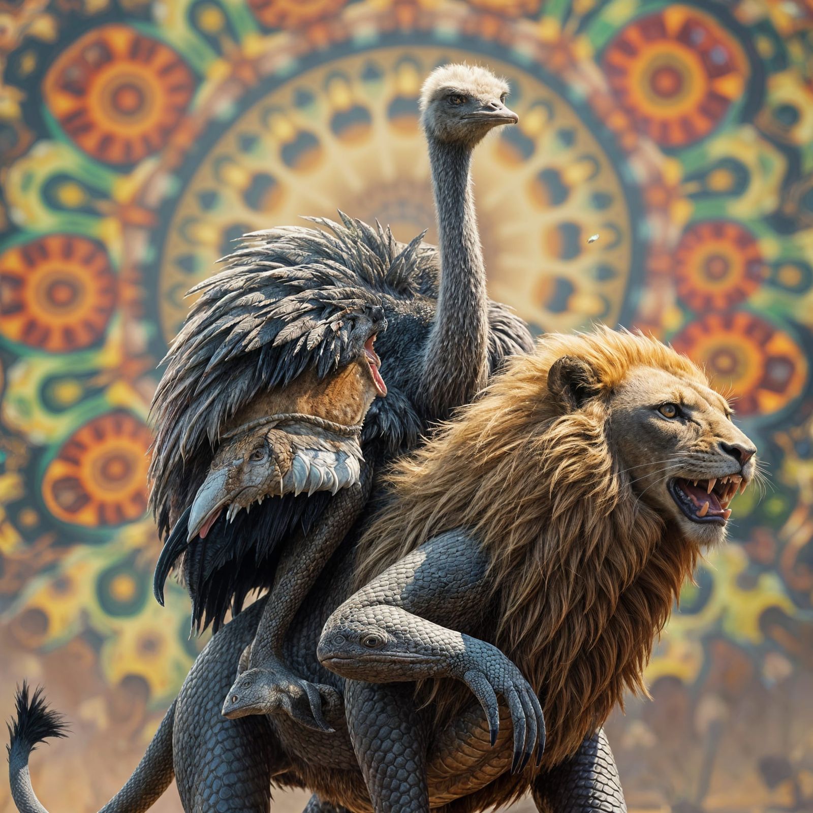 Hyperrealistic Ostrich Rides Majestic Beast in Vibrant Splas...