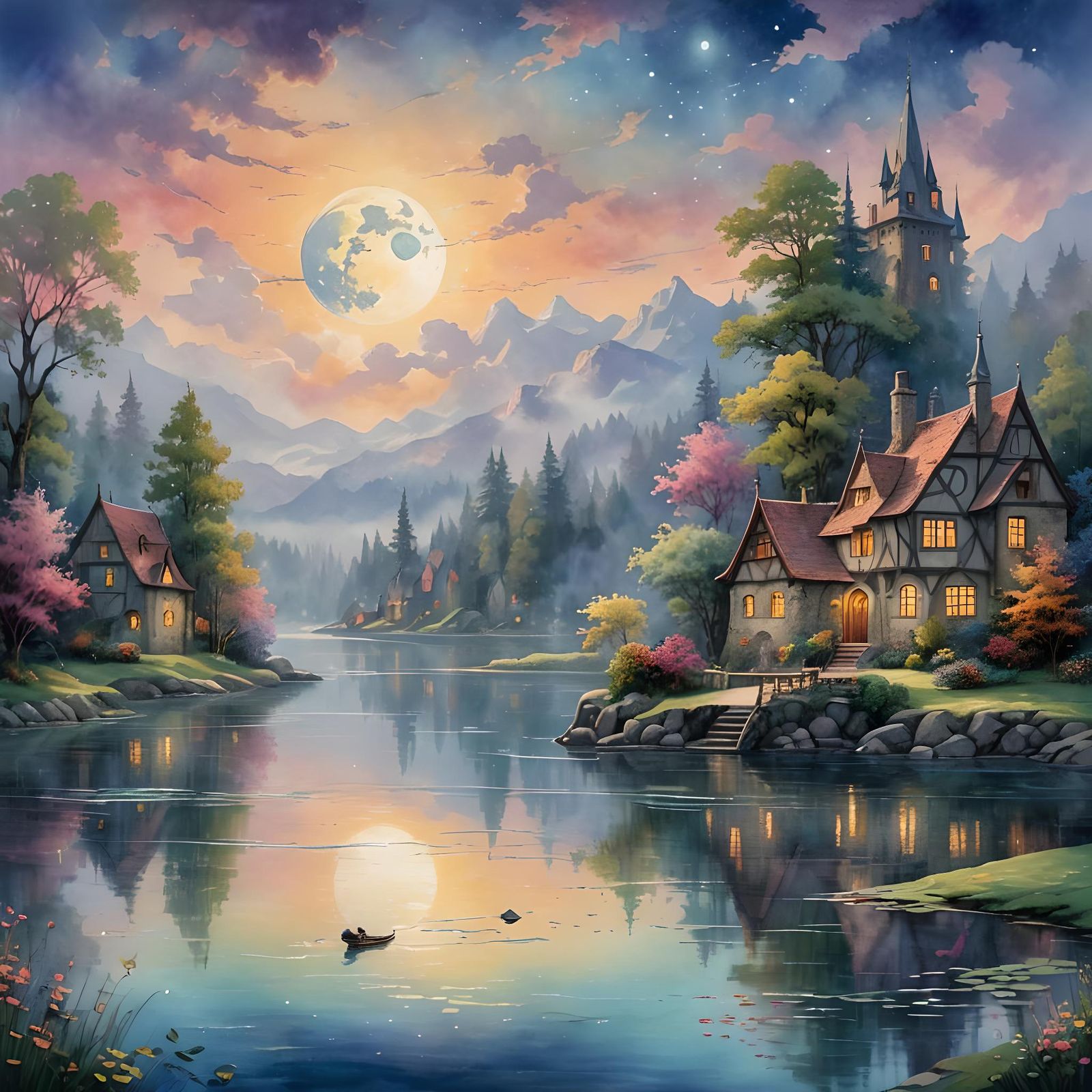 Romantic Lakeside Scene in Art Nouveau Style