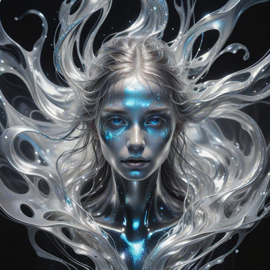 Ethereal Silver Woman Portrait in Liquid Light