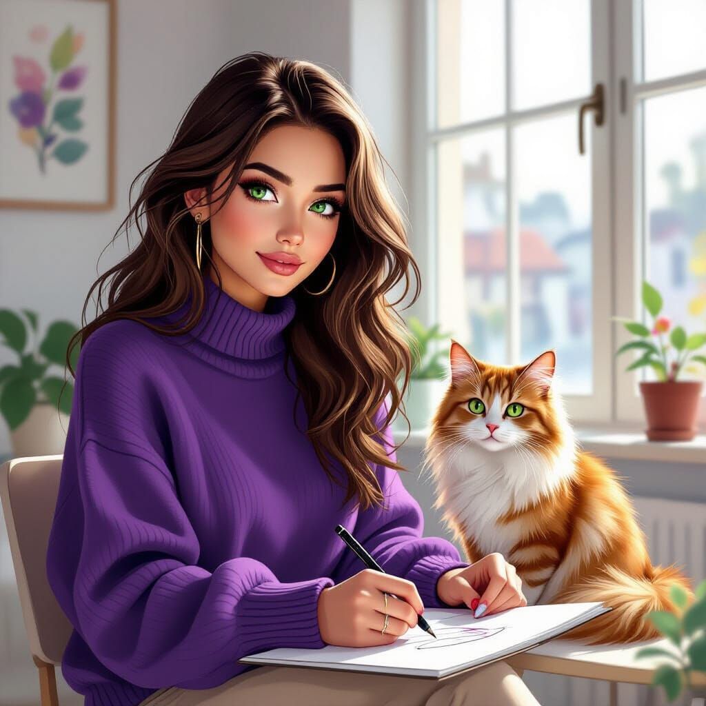 Woman Sketching with Cat in Sunlit Studio