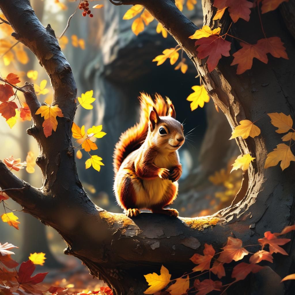 Squirrel in Autumnal Light, Cinematic Digital Painting
