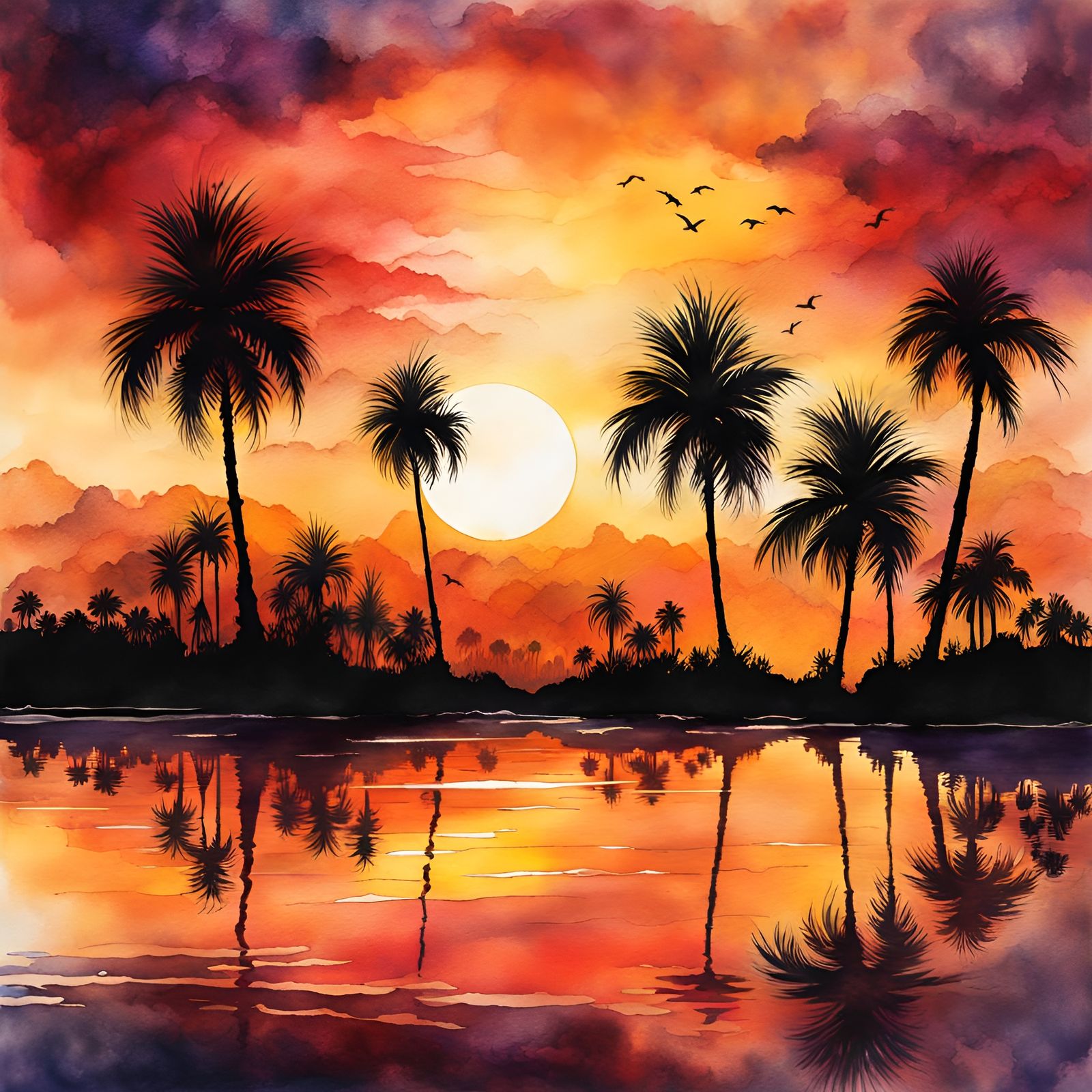 Sunset Palm Silhouette Watercolor Illustration