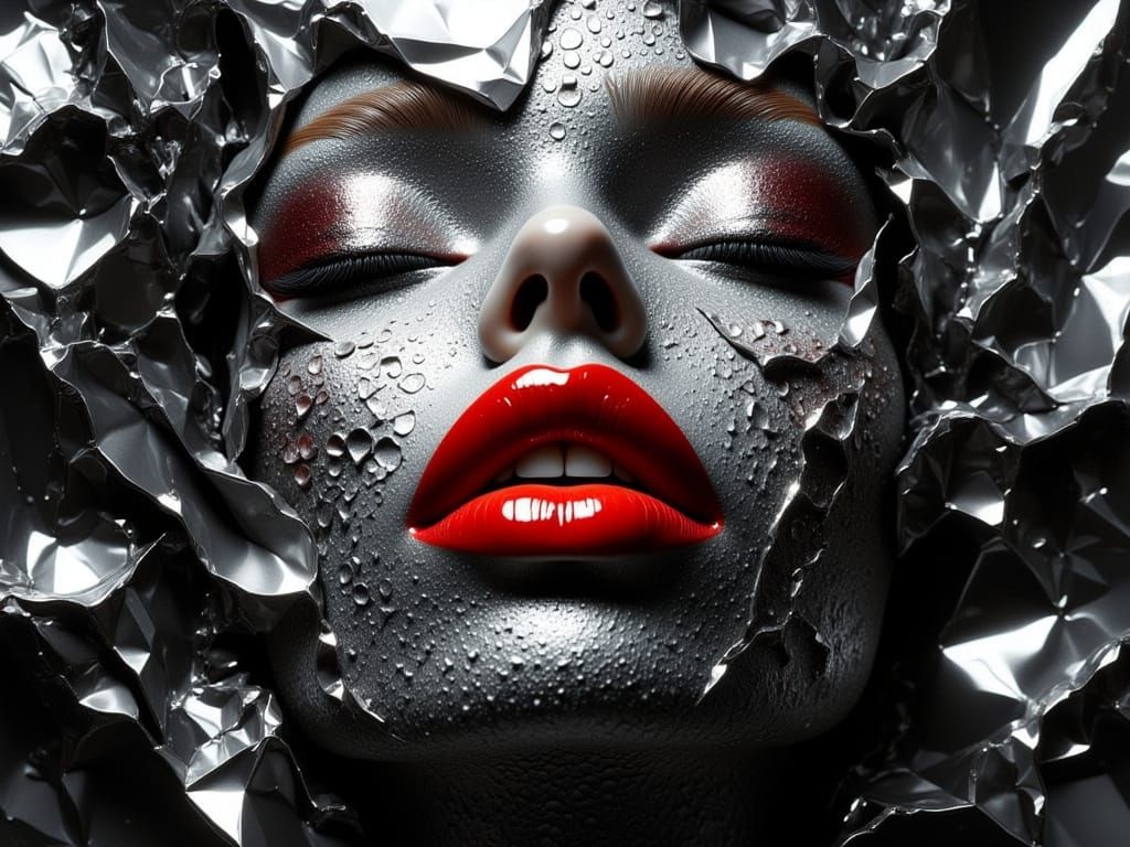 Abstract Silver and Black Optical Illusion with Red Lips