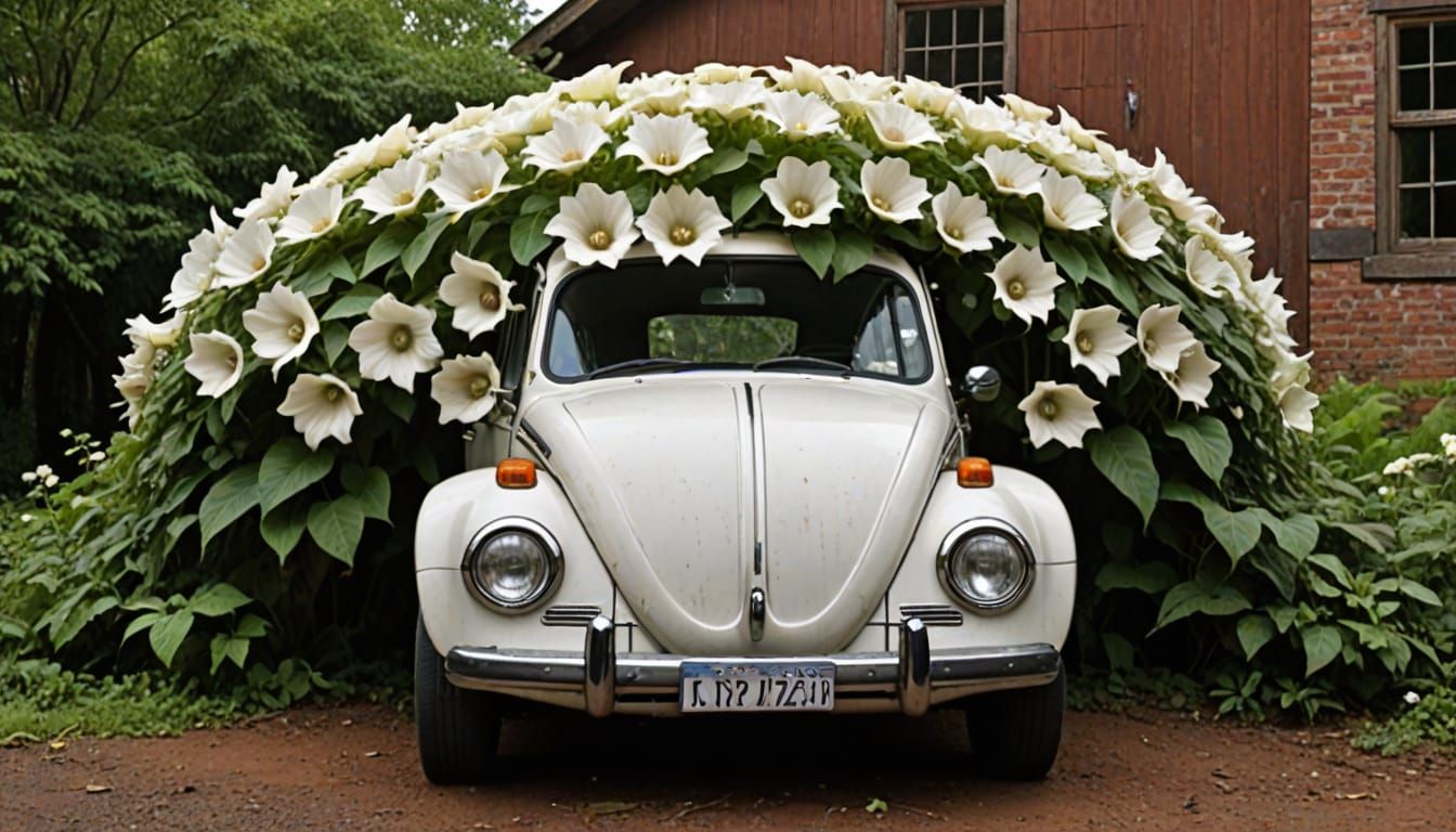 Moonflowers Bloom Over Rusty Volkswagen Beetle