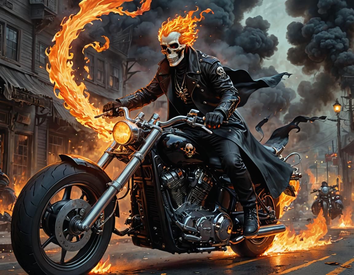 Flaming Skull Rider on Apocalyptic Road in Ukiyo-e Style