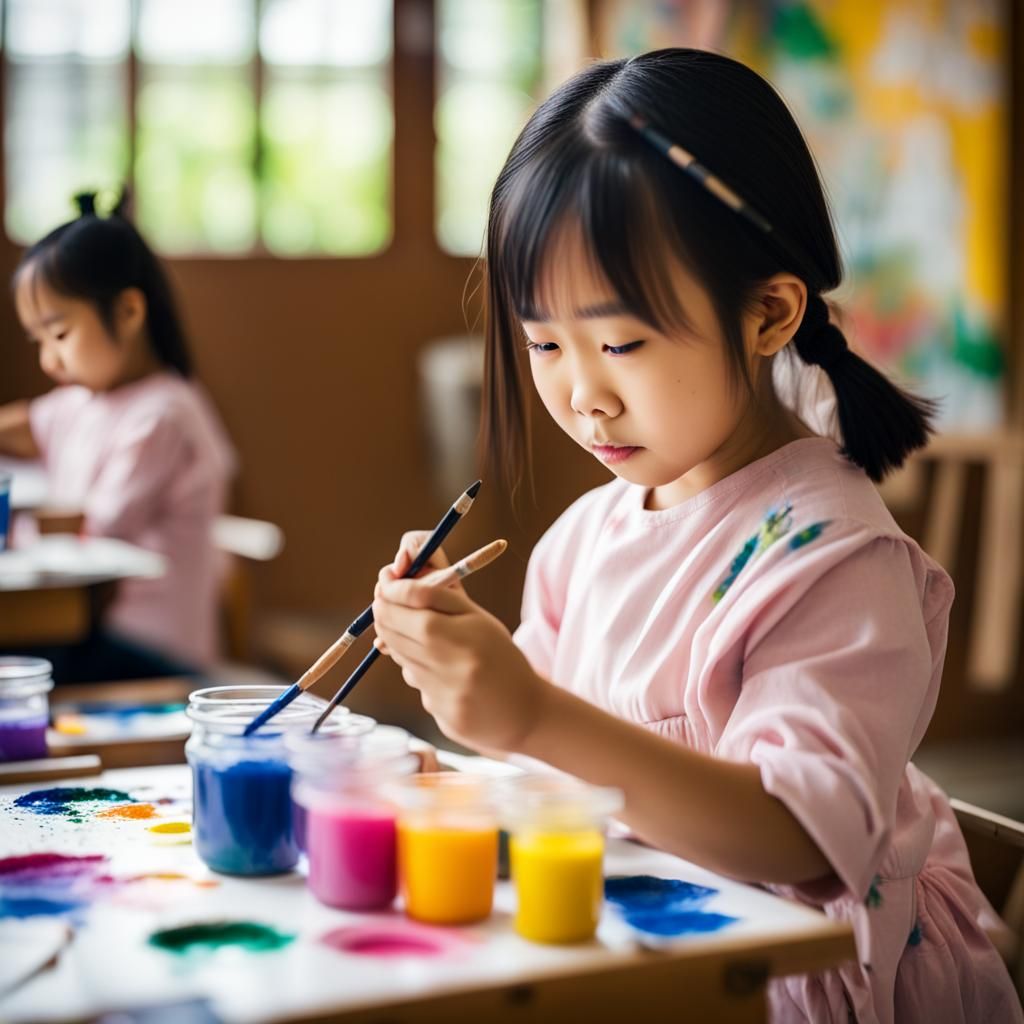 Asian Girl Painting in Art Class: Professional Photography