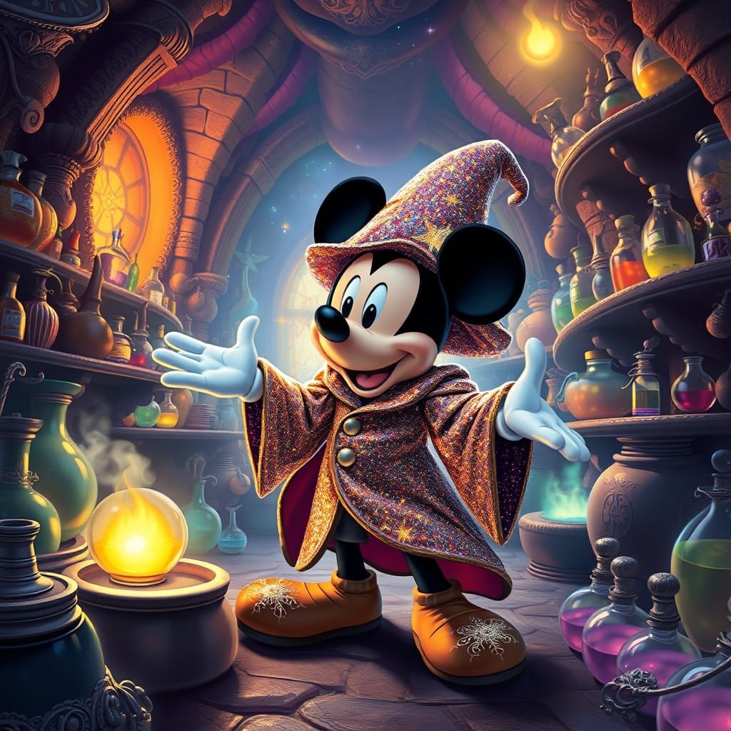 Majestic Wizard Mickey in a Whimsical Fantasy Realm