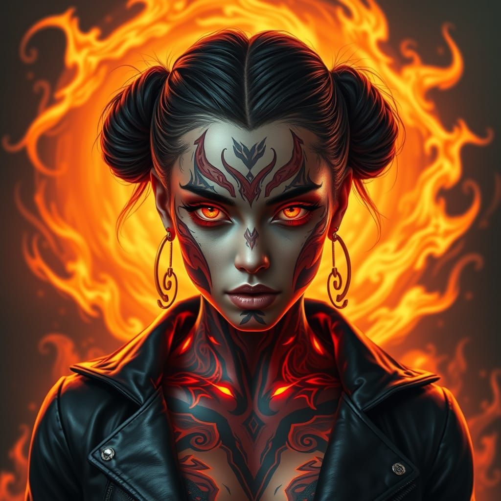 Fantasy Woman with Fiery Tribal Tattoos and Glowing Eyes