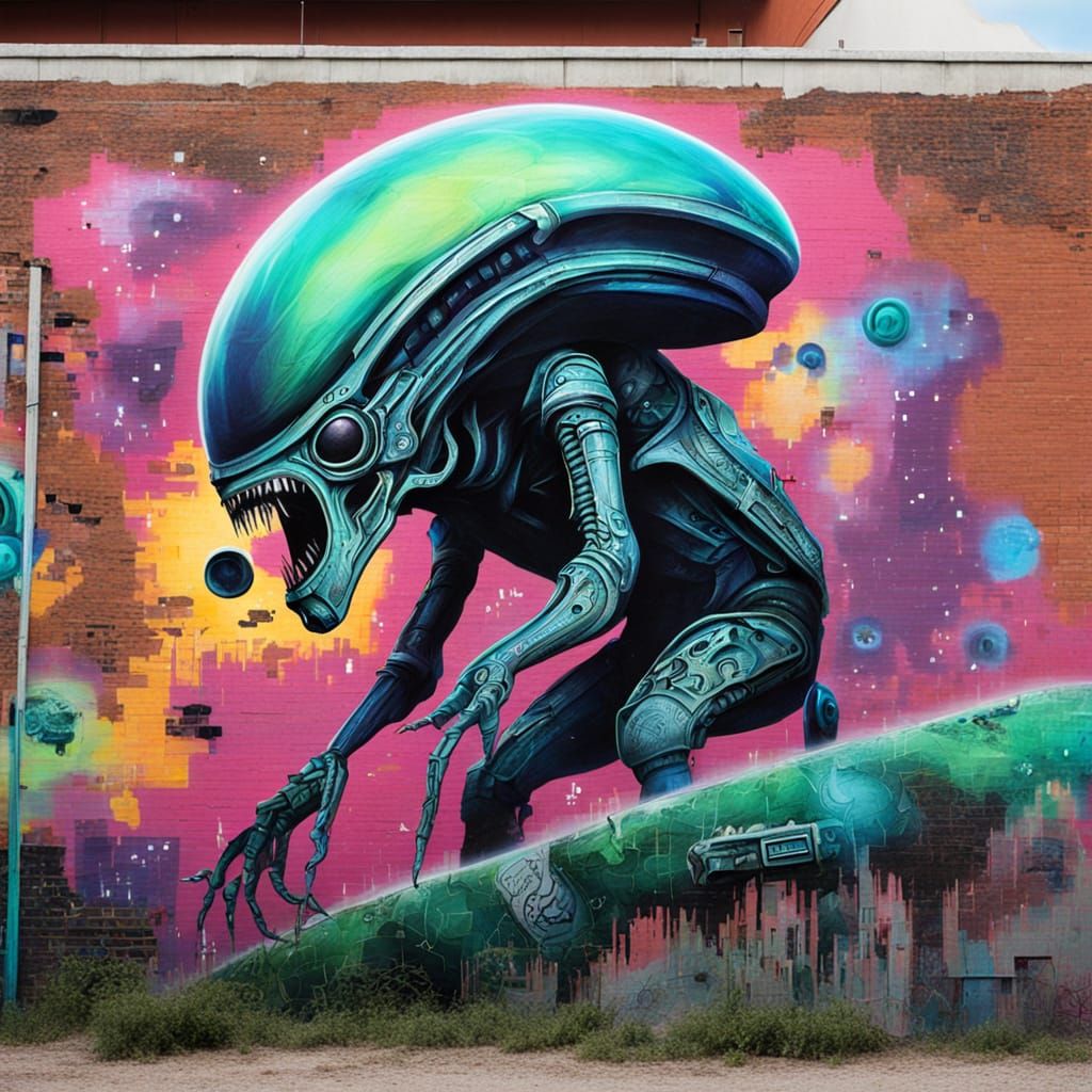 Vibrant Alien Life Graffiti Art