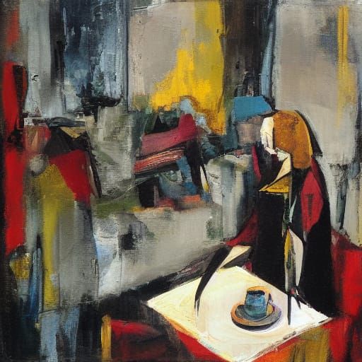 Goth Female Model in Cubist Coffee Shop Scene, Inspired by P...