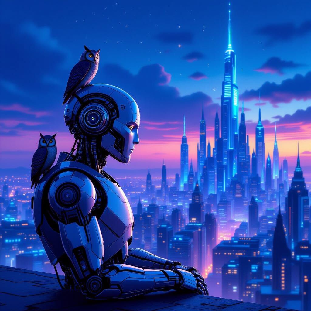 Robot Contemplates Alien Cityscape at Twilight