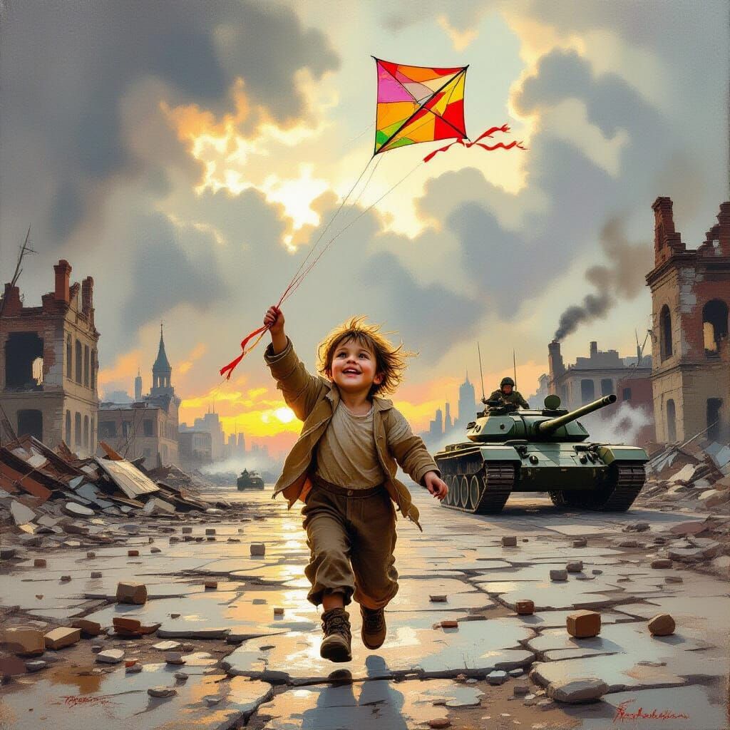 Joyful Child Flies Kite Over War-Torn City