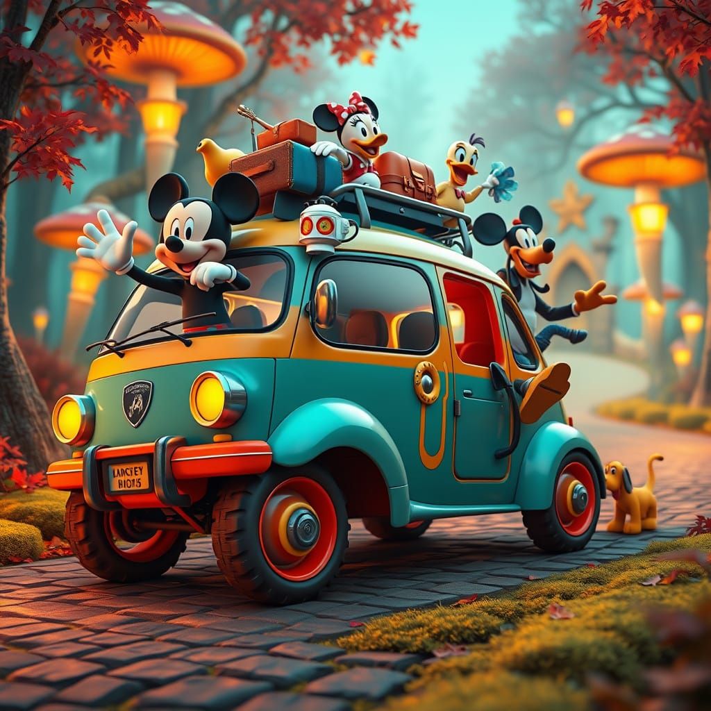 Mickey Mouse and his Clubhouse friend's van on a road trip