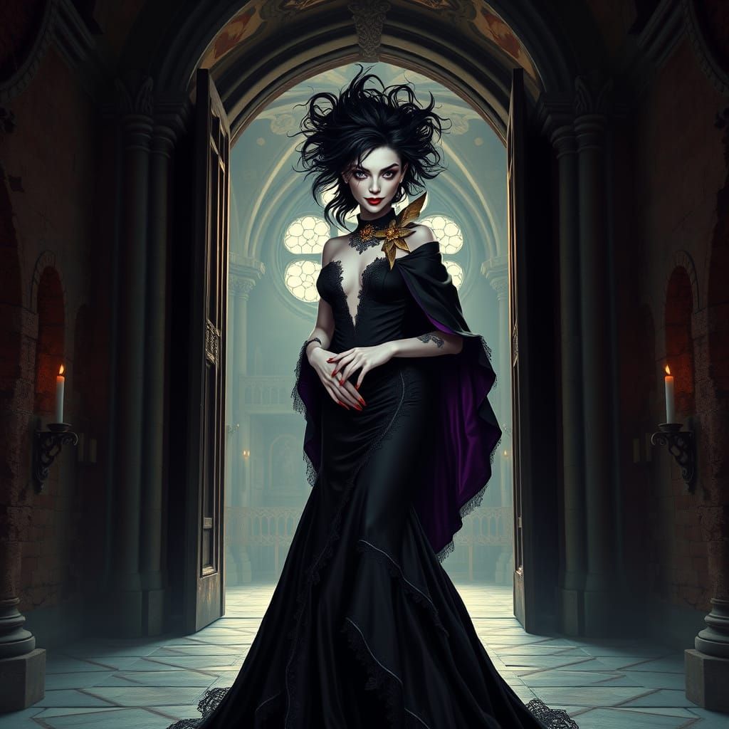 Ethereal Vampire Goddess in Tattered Ballgown, Ancient Ruins