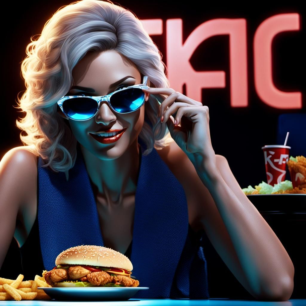 Woman at KFC Table in Hyperrealistic Fantasy Art