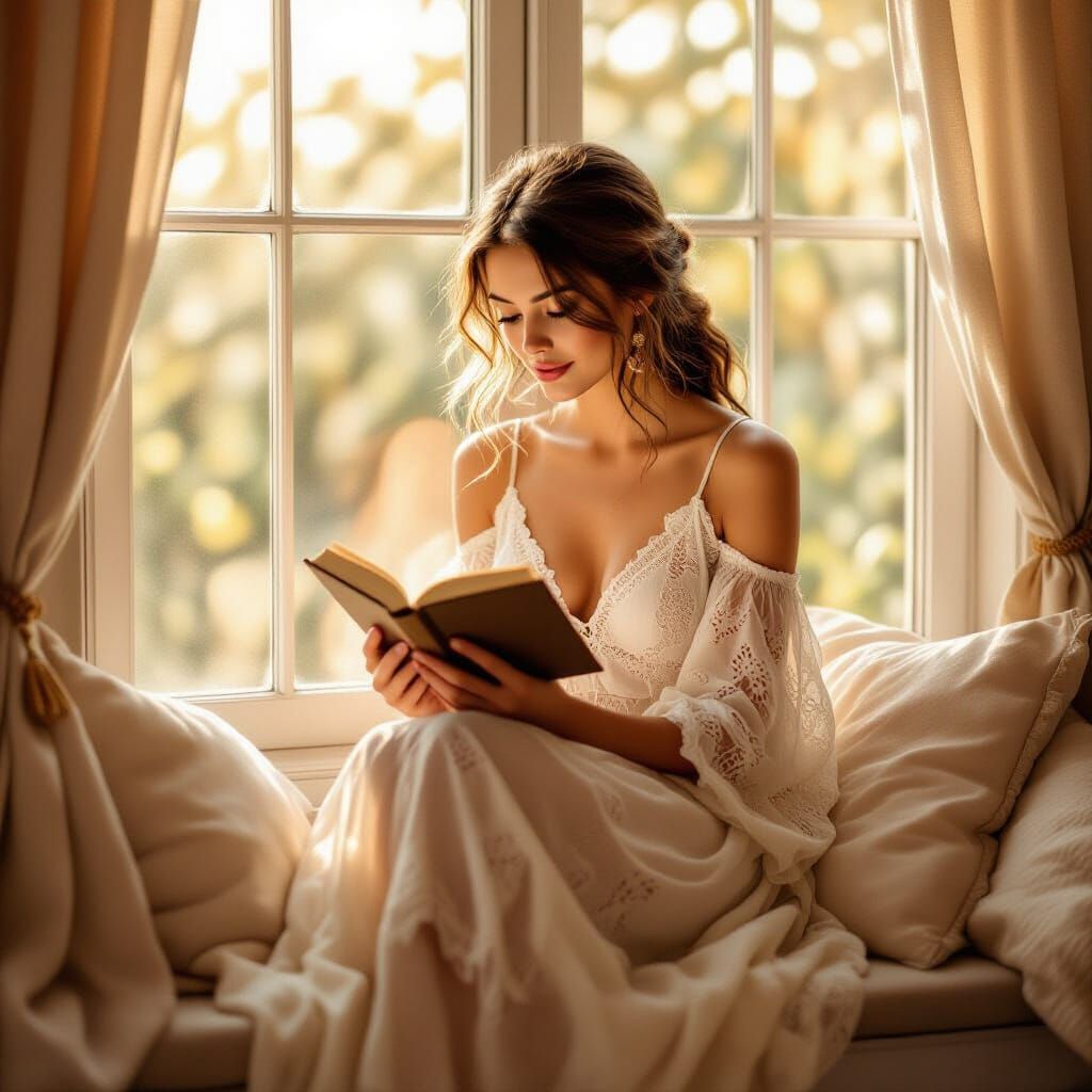 Woman Reading in Sun-Drenched Window: Painterly Photo