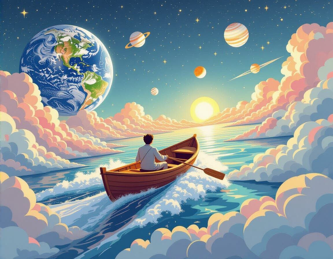 Rowboat Journey Through Space: A Digital Fantasy Art