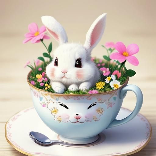 Cute Anthropomorphic Bunny in Cup with Flowers
