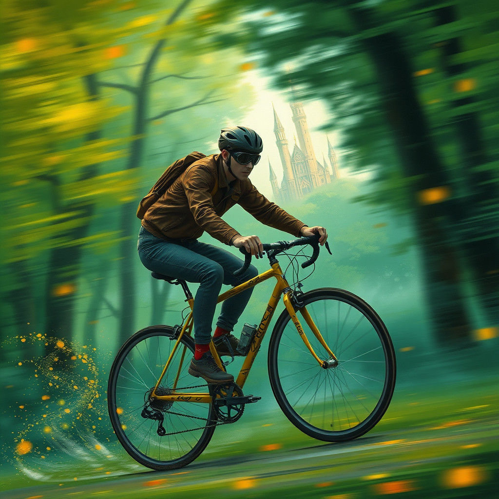 Cyclist Racing Through Enchanted Forest to Mystical Castle