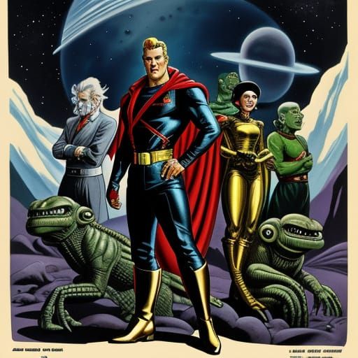 Flash Gordon on Alien Planet in 1950s Sci-Fi Style