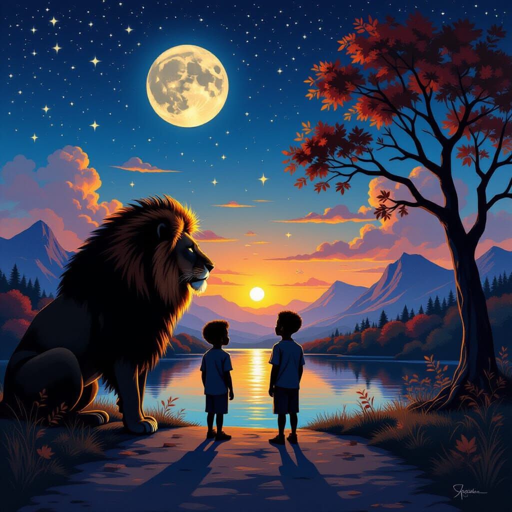 Lion and Boy in Surreal Landscape
