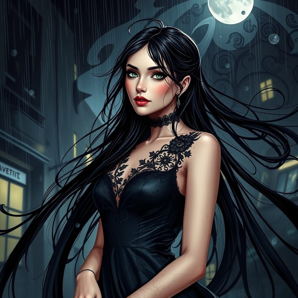 Gothic Woman Rising from Nebula in Futuristic Noir Style