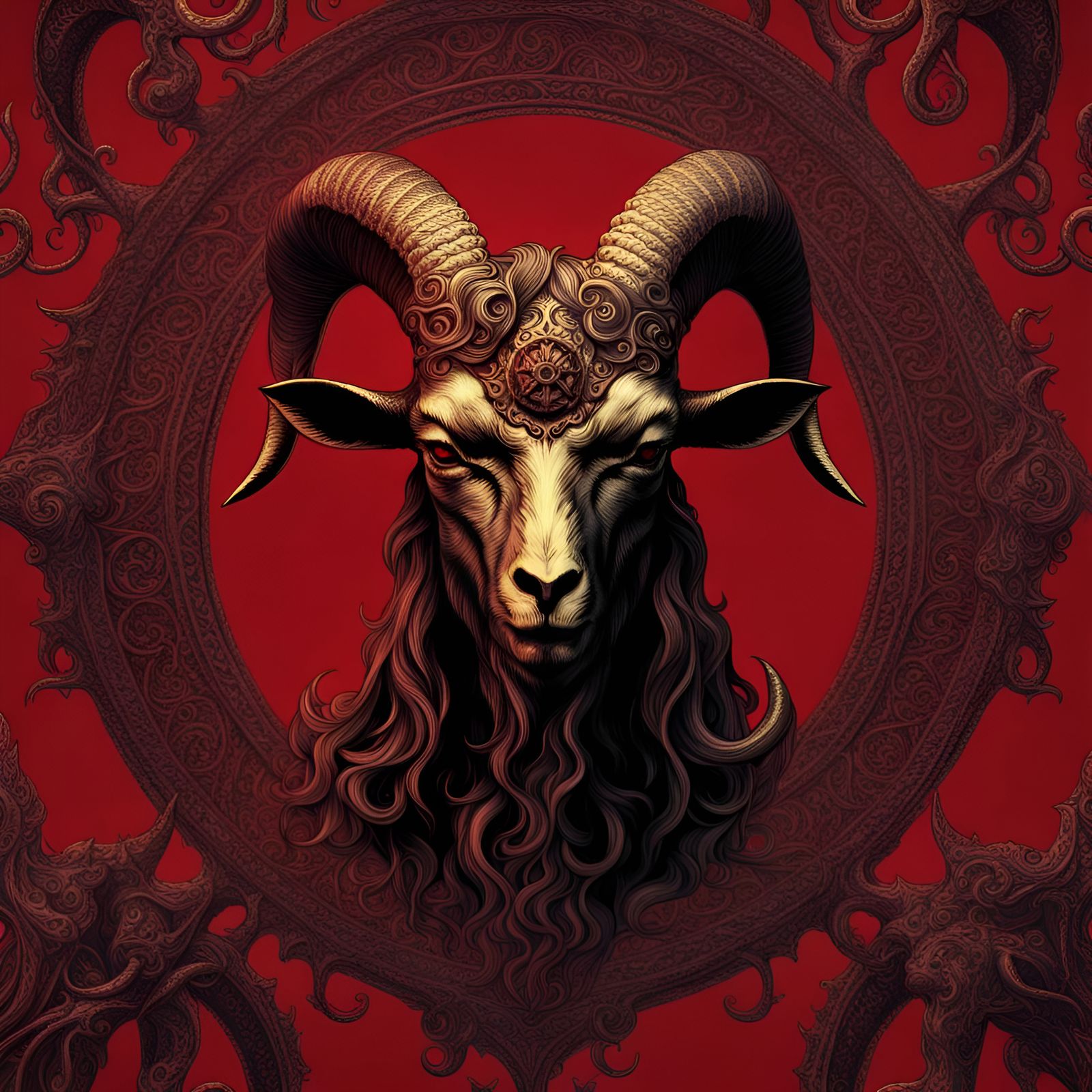 Golden Satanic Goat Head in Hellscape