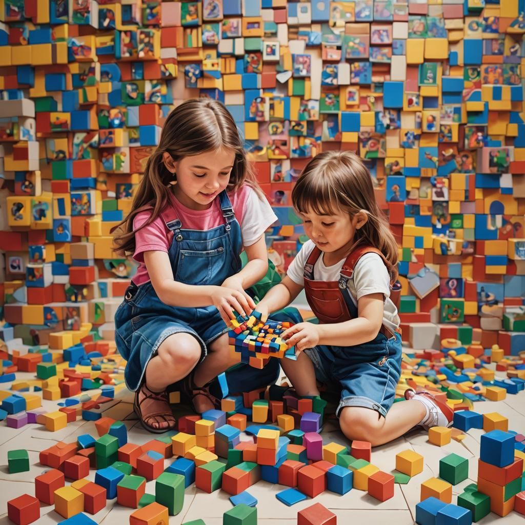 Happy Siblings Playing with Blocks, Hyperrealistic