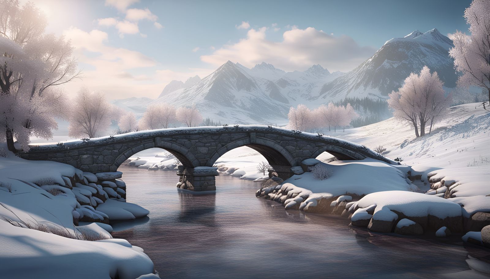 Stone Bridge in Winter Landscape, Cinematic Vista