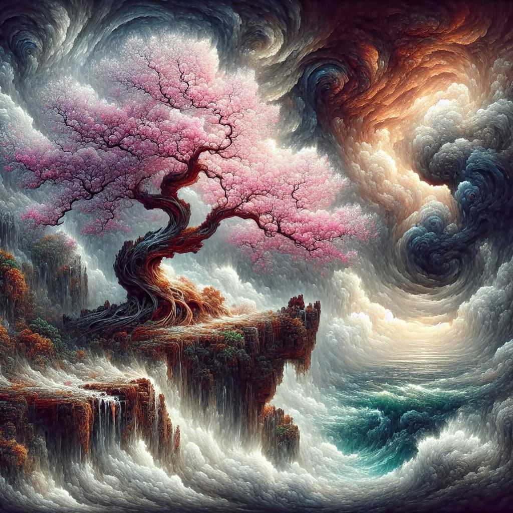 Hypermaximalist Cherry Blossom Tree on Stormy Cliff