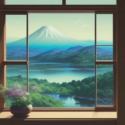 Serene Landscape Through Window in Vibrant Origami Style