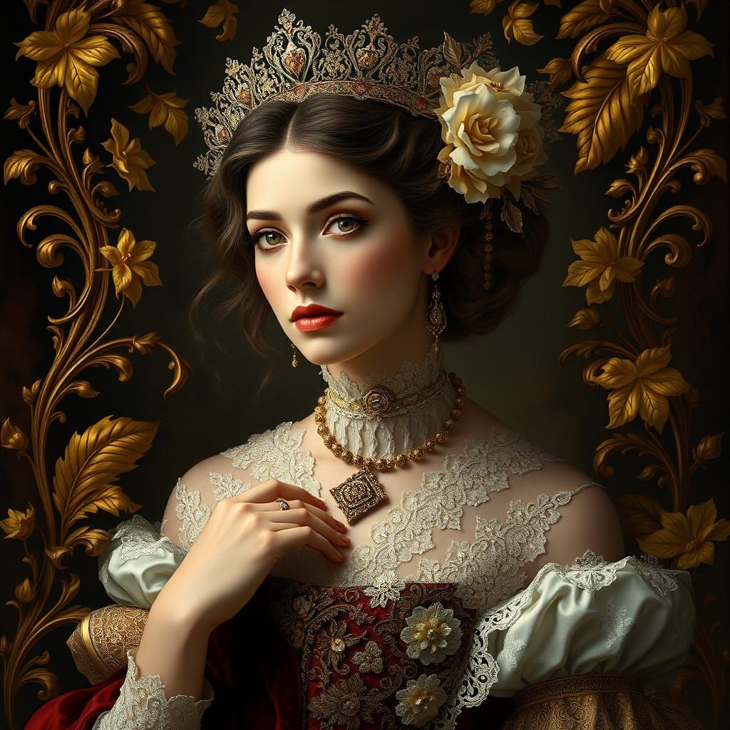 Elegant Lady in Golden Splendor, in the Style of Alphonse Mu...