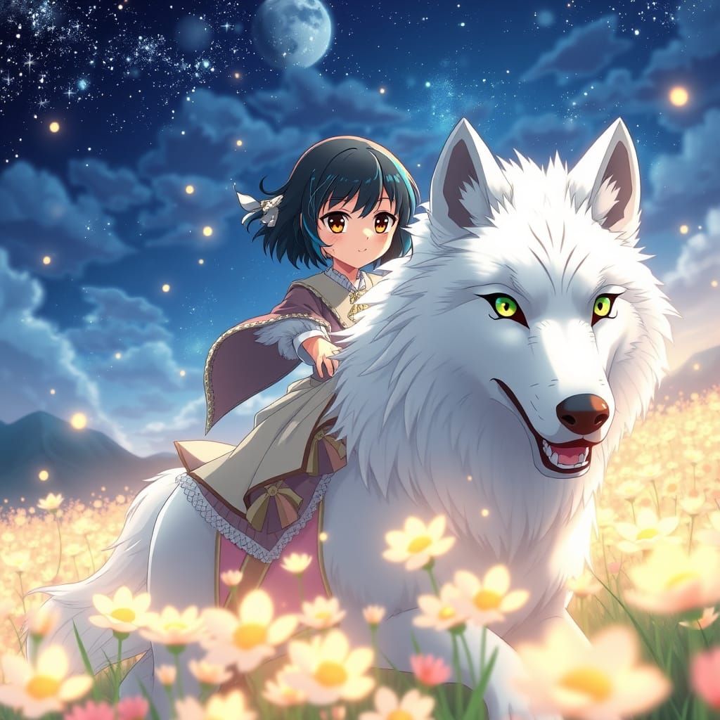 Magical Girl and Wolf in Anime Style