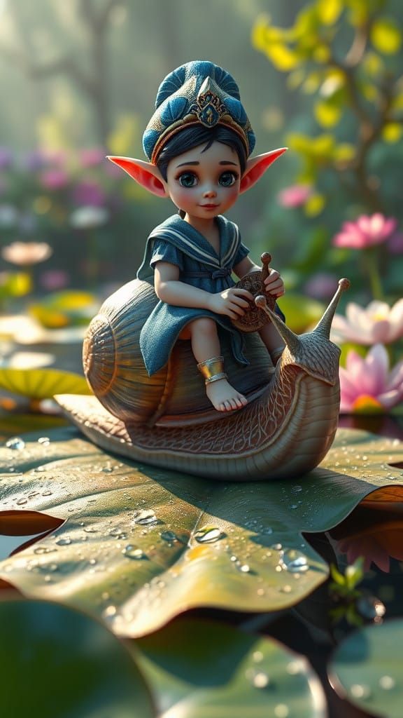 Sailor Elf Majestically Rides Colossal Snail on Lily Pad Oas...