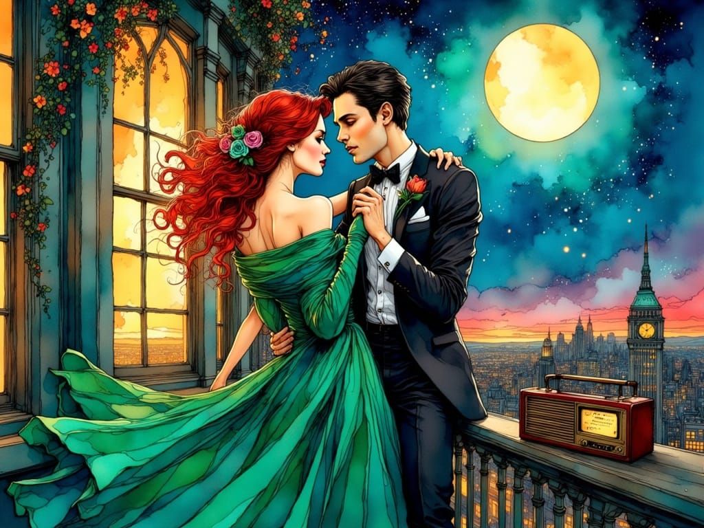 Whimsical Moonlit Romance in Vibrant Colored Ink