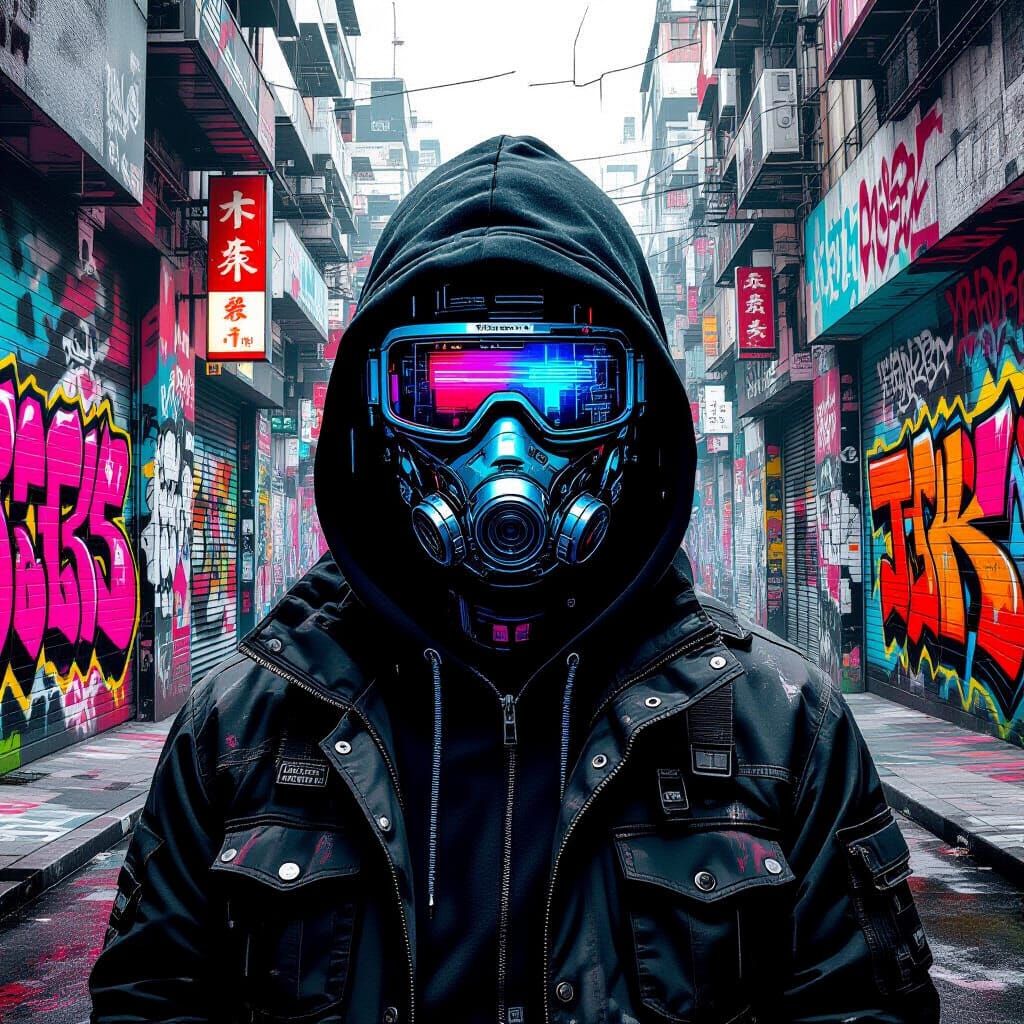 Futuristic Cyberpunk Street Artist in Urban Sprawl
