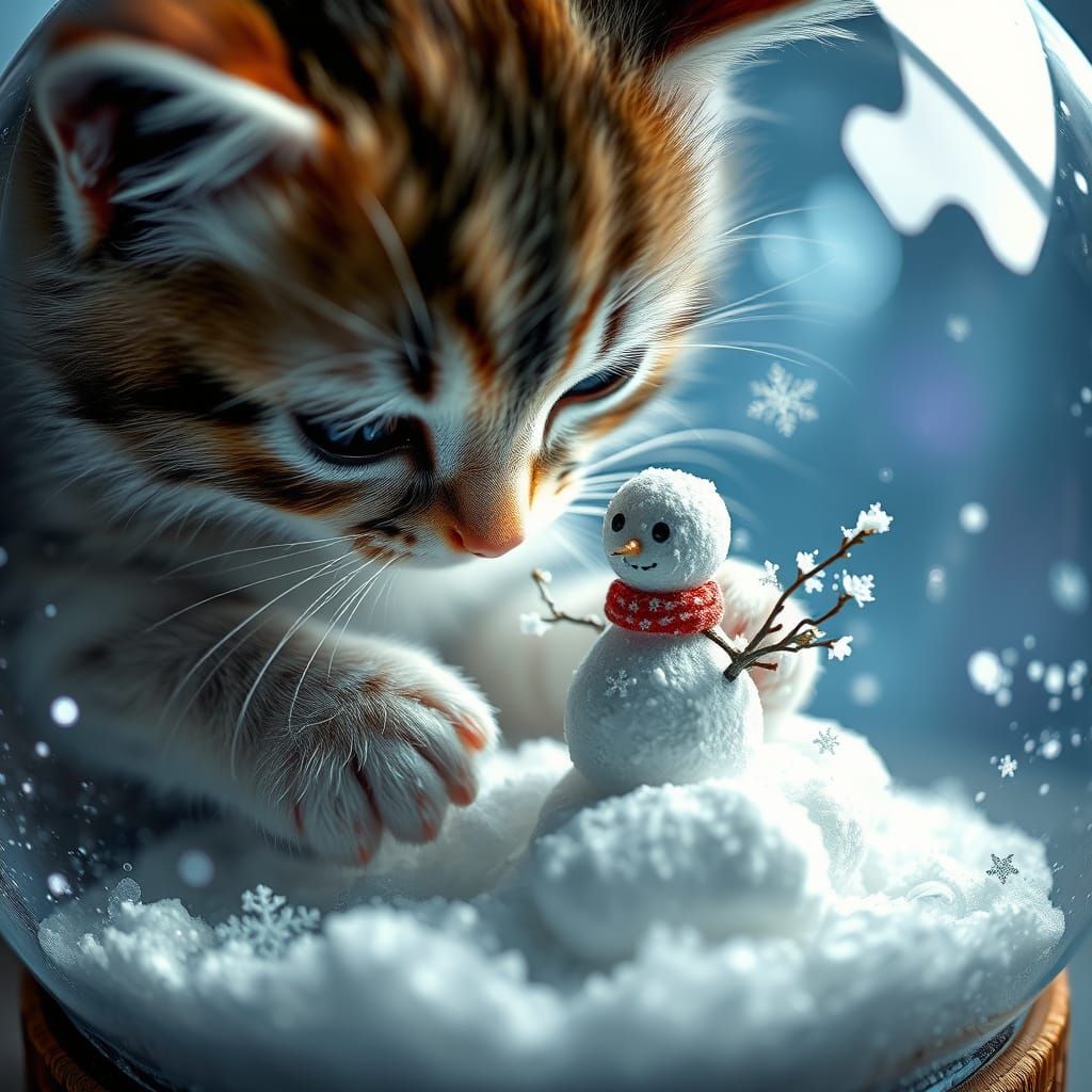 🥇kitten building a snowman