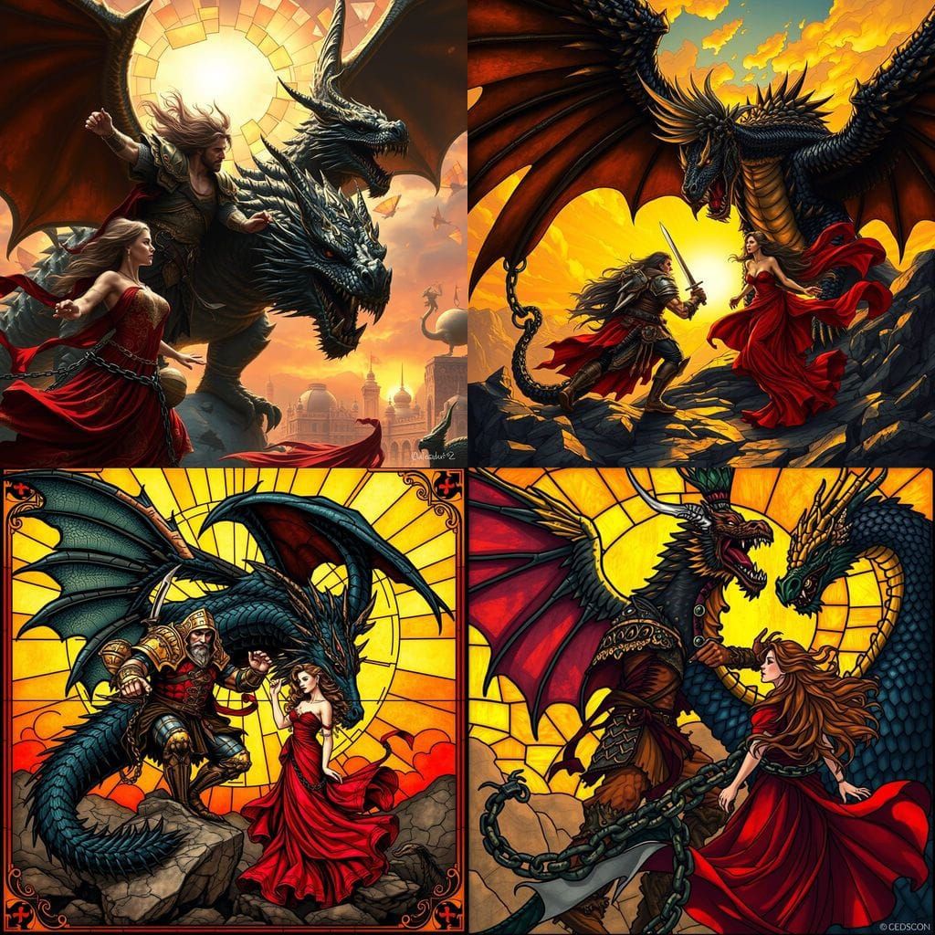 Majestic Stained Glass Depiction of Heroic Warrior vs. Drago...