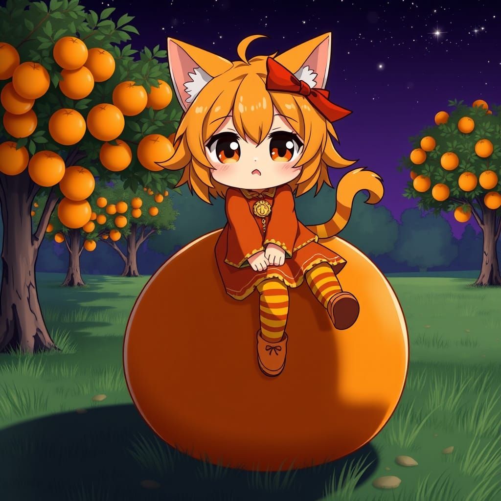 Adorable Anime Catgirl Enjoys Autumn Night in Orange Haven