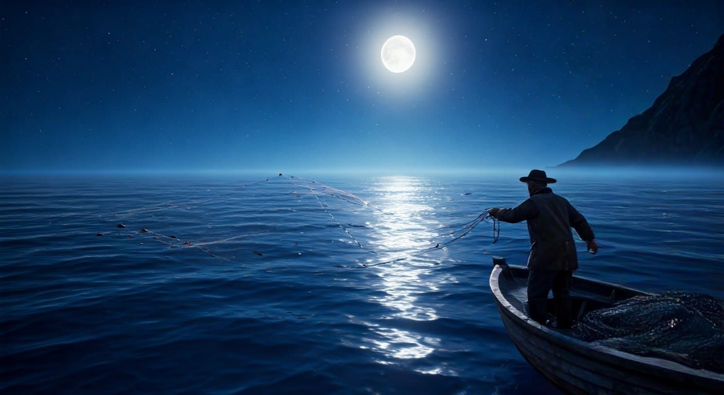 Fisherman Under Moonlight in Naive Art Style