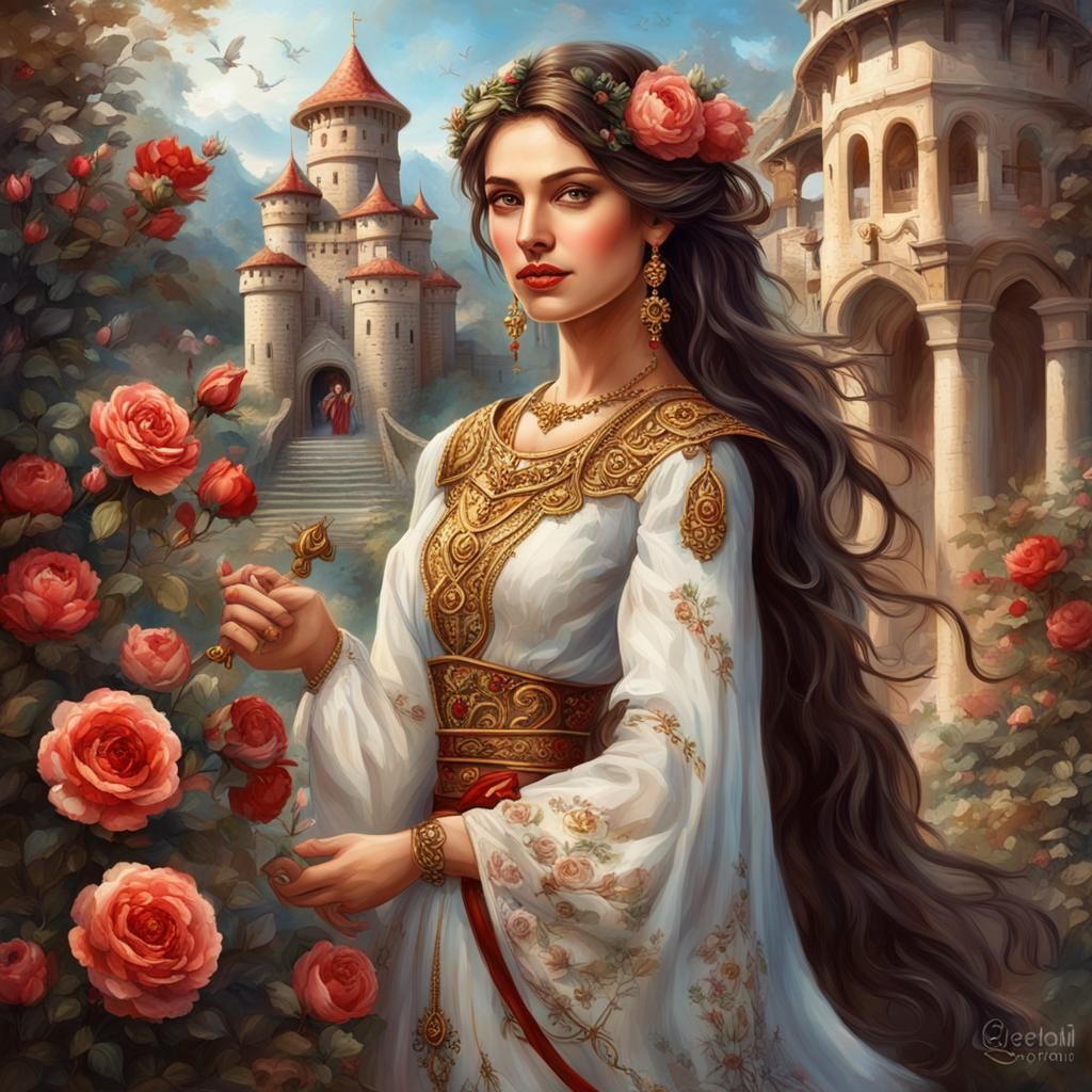 Bulgarian Queen with Roses: Oil Painting Style